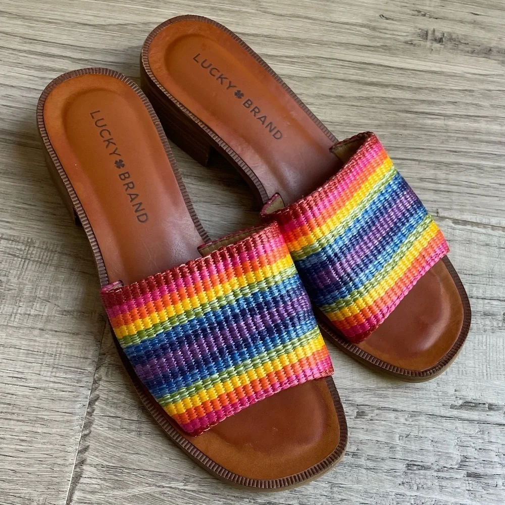 Lucky Brand Rainbow Color Woven Slide Sandals Stacked Heel Open Toe SZ 5.5